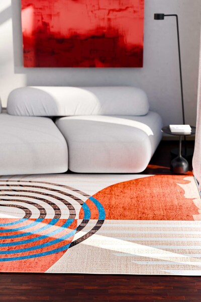 Oriente Home Linear Patterned Washable Non-Slip Base Chenille Cream Tile Living Room Carpet 8381