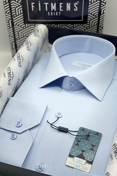 Fitmens قميص رجالي كلاسيكي بأكمام طويلة من الساتان الذهبي مع علبة هدايا FS-002160 - أزرق فاتح