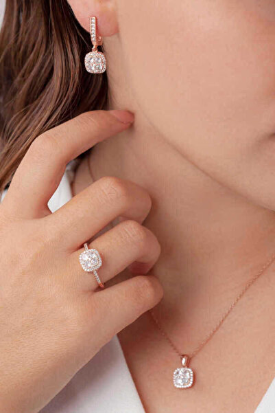 aga kulche Baget Kare Kadın Gümüş Set Rose S50RB 925