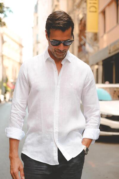 Fitmens Slim Fit Long Sleeve 100% Linen Breathable Fabric Men's Shirt with Gift Box Fs-004170 - White