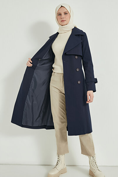 Zeneva Collection Lacivert - %100 Pamuk Uzun (110CM) Astarlı Kadın Tesettür Trençkot 1111-TES
