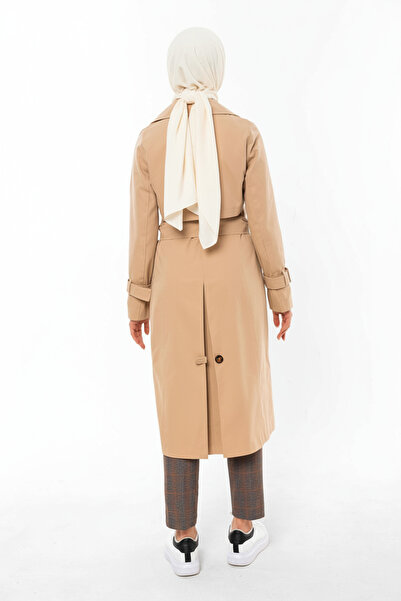 Zeneva Collection Açık Bej - %100 Pamuk Uzun (110CM) Astarlı Kadın Tesettür Trençkot 1111-TES