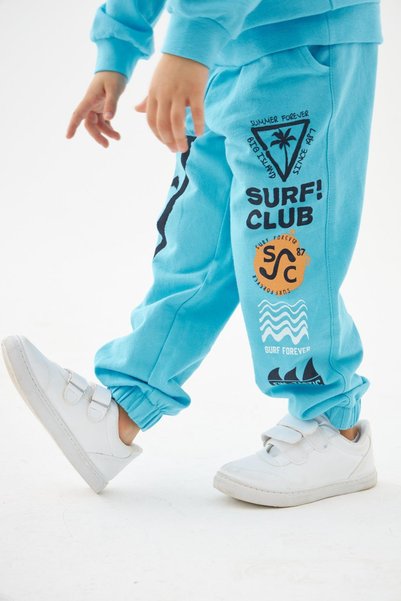 Mojo Bebek Boy's Surf Club 100% Cotton Elastic Leg Sweatpants 219278 Turquoise