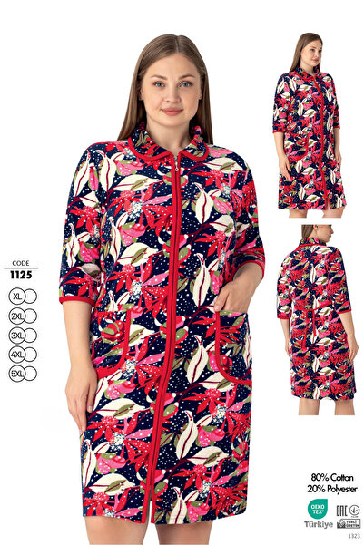 ROMEO LİFE Női nagyméretű pamutkeverék bársony cipzáras ruha 1125 RED-CREAM