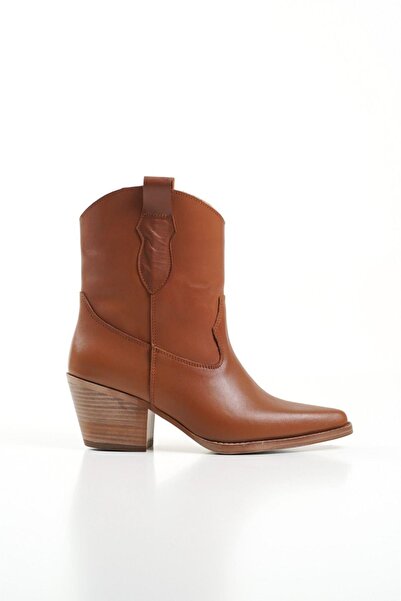 Mubiano Collection Mubiano Genuine Leather Collection Γυναικείες μπότες καουμπόη με κοντό τακούνι καφέ - MCALM4705 - TB