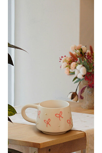 touchmughm Pink Bow Pattern Special Embossed Hand-Painted Ceramic Mug, Double, Coffee Cup, Mug