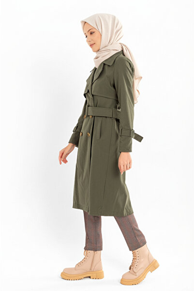 Zeneva Collection Haki - %100 Pamuk Uzun (110CM) Astarlı Kadın Tesettür Trençkot 1111-TES