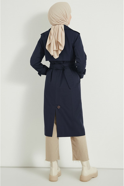 Zeneva Collection Lacivert - %100 Pamuk Uzun (110CM) Astarlı Kadın Tesettür Trençkot 1111-TES