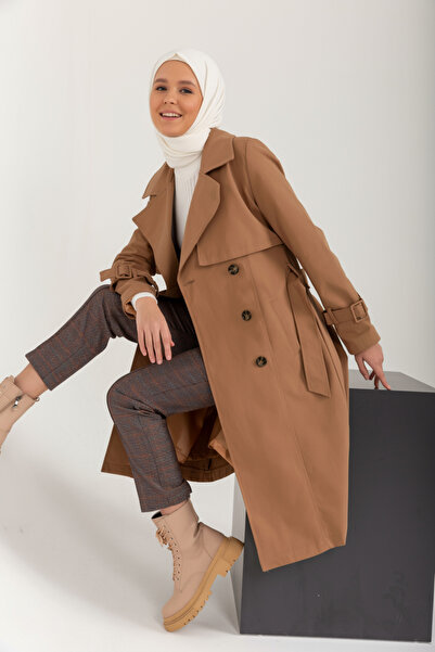 Zeneva Collection Koyu Bej - %100 Pamuk Uzun (110CM) Astarlı Kadın Tesettür Trençkot 1111-TES
