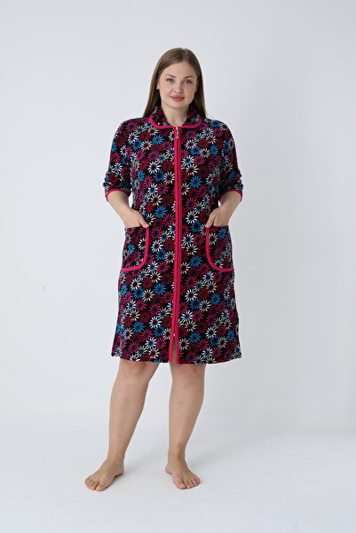 ROMEO LİFE Γυναικείο φόρεμα μεγάλου μεγέθους από βαμβακερό βελούδο με φερμουάρ 1125 ΦΟΥΚΣΙΑ-ΜΠΛΕ