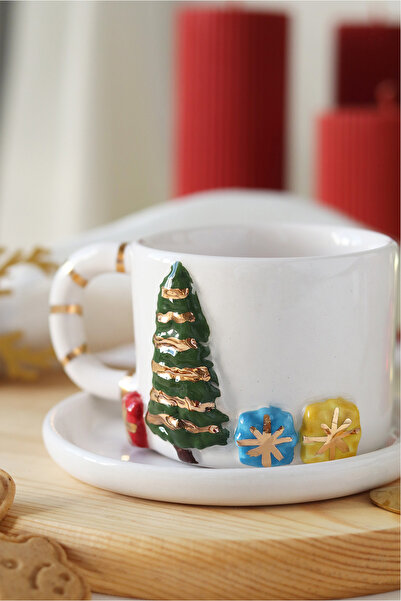ada mia seramik Christmas Pine Tree Gift Package Figured 24K Gold Decorated Handmade Ceramic Mug 170ml