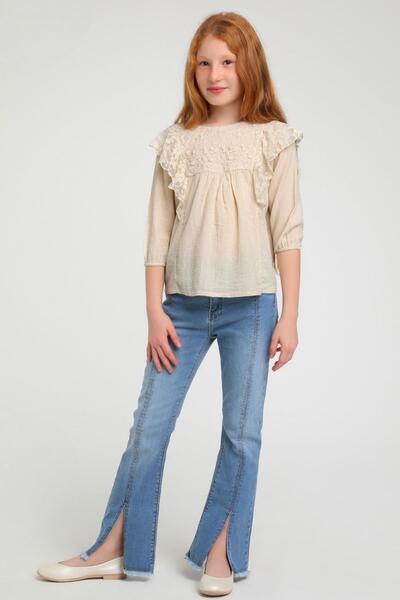 Escabel بنطال جينز بناتي واسع الساق مزين بشراشيب 2322 أزرق دينم