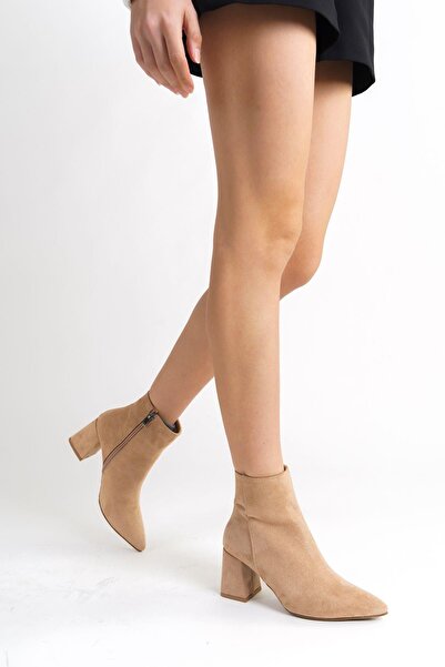 Mubiano MBZFR5006S-VZ Kadın Vizon Süet Kalın Topuklu Sivri Burun Fermuarlı Kısa Bot &Bootie