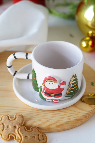 ada mia seramik Handmade Ceramic Double Cup with 24K Gold Decoration Featuring Santa Claus Figure for New Year, 170ml