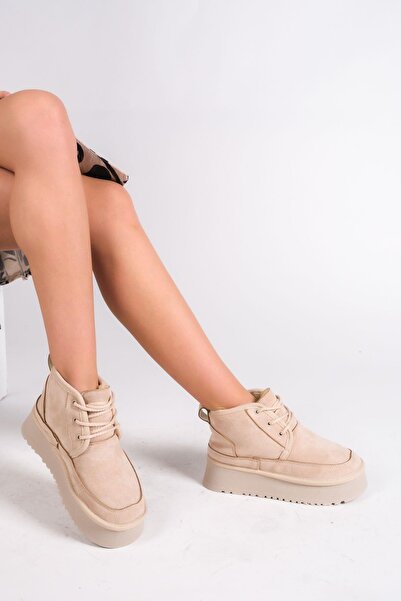 Mubiano MBUCC2-BJ Μίνι μπεζ σουέντ μπότες και μποτάκια με χοντρή θερμοσόλα με...