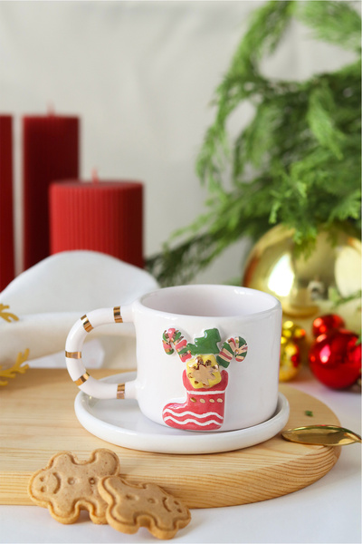 ada mia seramik Yılbaşı Çorabı Figürlü 24k Altın Dekorlu El Yapımı Seramik Mu...