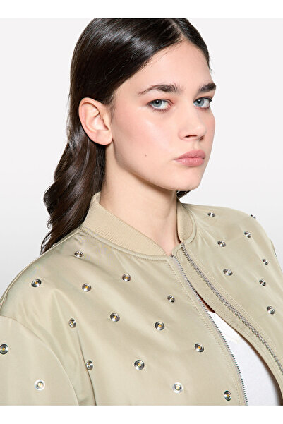 Sisley Women's Sand Color Stone Detailed Lightly Padded Bomber Jacket