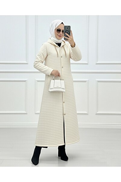 Modamorfo Long Quilted Coat with Chain Detail on Collar -Stone