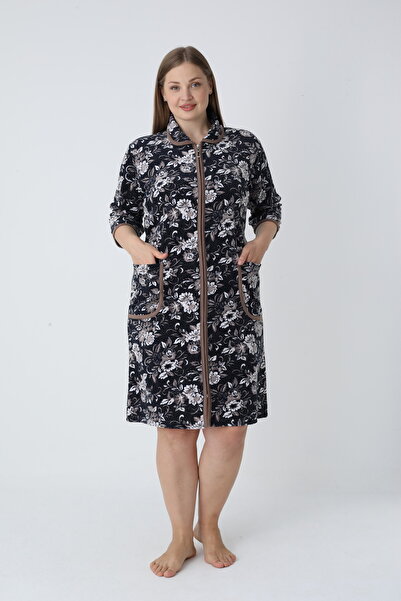 ROMEO LİFE Dámské šaty z bavlněné směsi se sametovým zipem velké velikosti 1125 HNĚDO-KREM