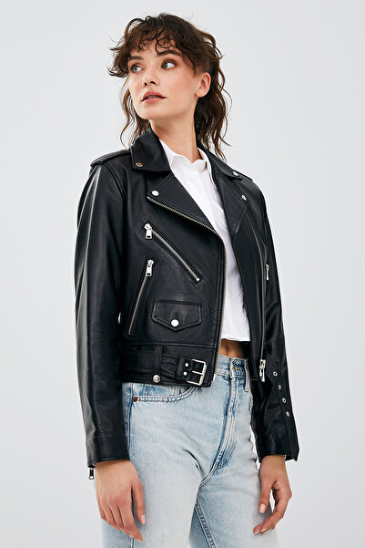Derimod Newage Kadın Siyah Slim-Fit Biker Deri Ceket 22WGD5983U5