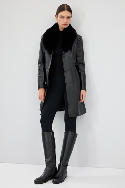 Derimod Christina Kadın Siyah Kürklü Uzun Deri Kaban 22WGE59951M