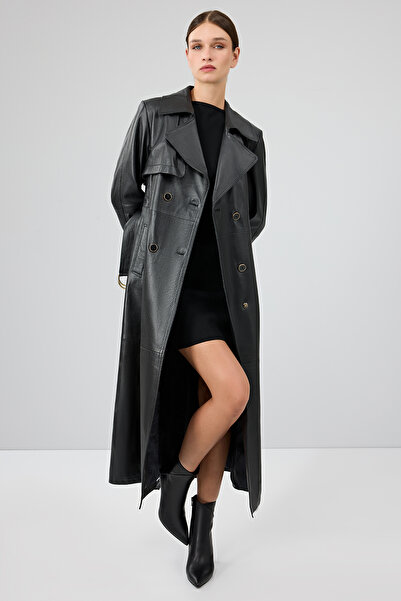 Derimod Jenny Kadın Siyah Yaka Kürklü Kemer Detaylı Deri Trençkot 23WGE51681M