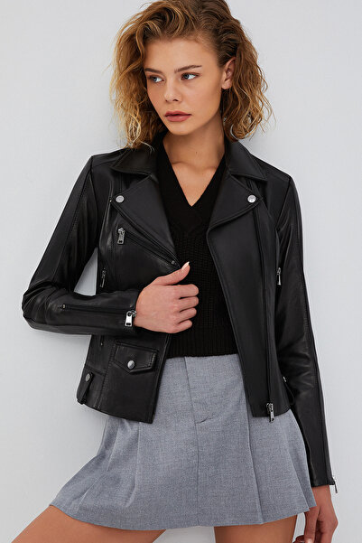 Derimod Bella Kadın Siyah Slim-Fit Biker Deri Ceket 23WGD5106U4
