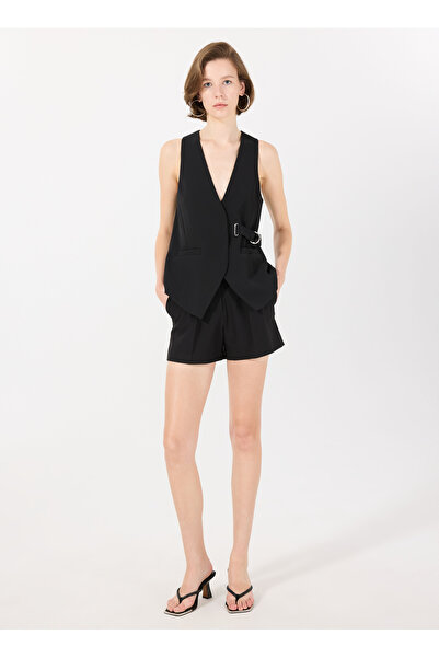 Sisley Дамска черна жилетка с колан, копчета, джобове и V-образно деколте