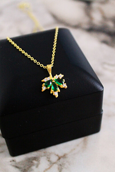 carrot silver 925 Ayar Gümüş Çınar Yaprağı Zümrüt Taşlı Kolye-14 Ayar Altın K...