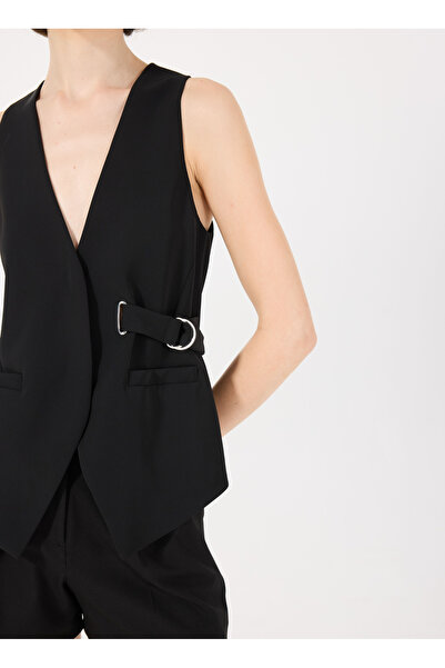 Sisley Women's Black Belt Detailed Buttoned Pocket V-Neck Vest