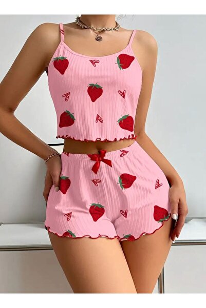 Blizard Carnation Pink Ruffled Cotton Heart Patterned Shorts Pajama Set