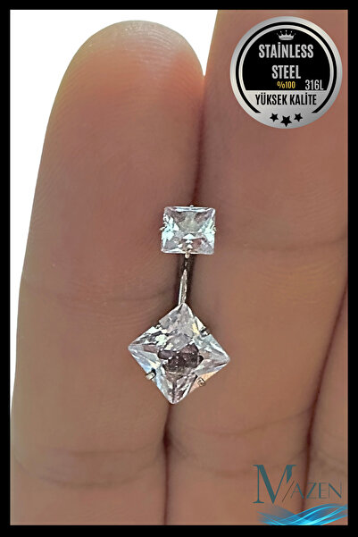 MAZEN Kare Zirkon Taşlı Göbek Piercing | 316L Çelik | Kadın Takı Aksesuar | P...