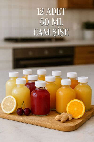 Tanemce 12 Adet Cam 50 ml Mini Shot Ginger Detox Şişe Plastik Sızdırmaz Kapak...