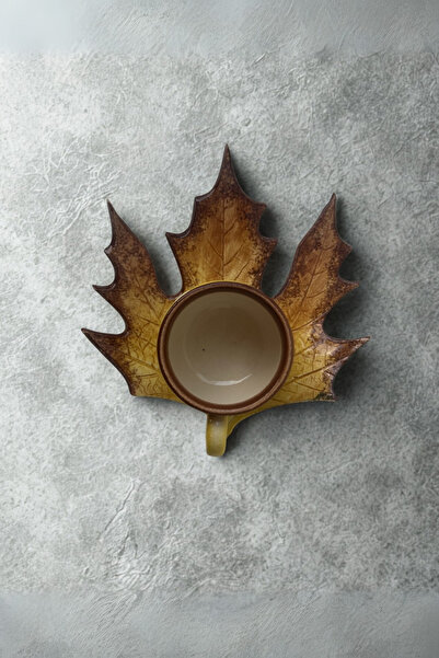 Home El Yapımı Sarı Kahverengi Çınar Yaprak Desenli Çay Kahve Fincanı