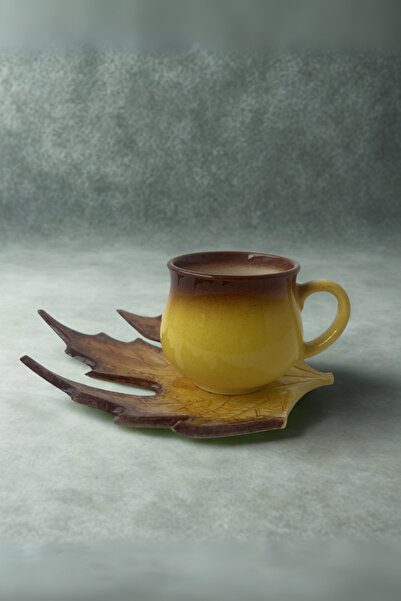 Home El Yapımı Sarı Kahverengi Çınar Yaprak Desenli Çay Kahve Fincanı