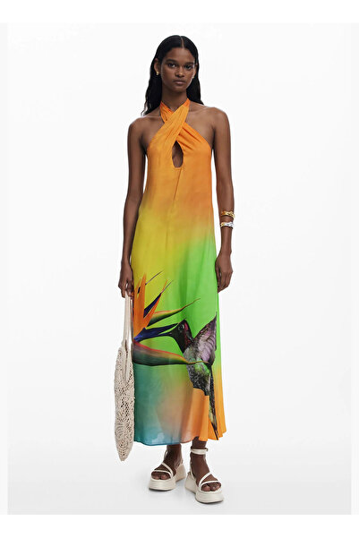 Desigual V Yaka Desenli Turuncu Uzun Kadın Elbise 25SWMW11