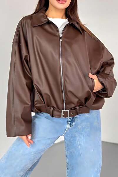 Jaglion Δερμάτινο μπουφάν Luvren Bomber με ζώνη, νέα σεζόν, μοντέρνο