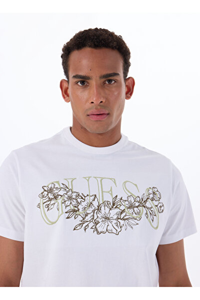 Guess Crew Neck Patterned White Men's T-Shirt M5Gi17K8Fq4G011 Ss Cn Flower