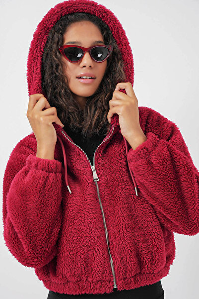 Bigdart Hooded Plush Crop Burgundy Women's Jacket 5193