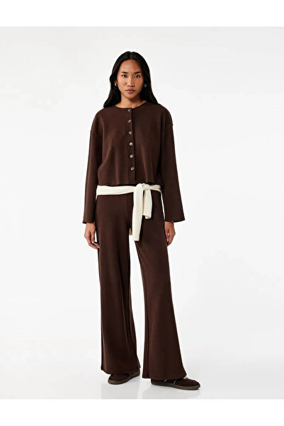 Koton Γυναικείο παντελόνι από ύφασμα Modal, ίσιο, φαρδύ, καφέ ύφασμα 6WAK40027EK