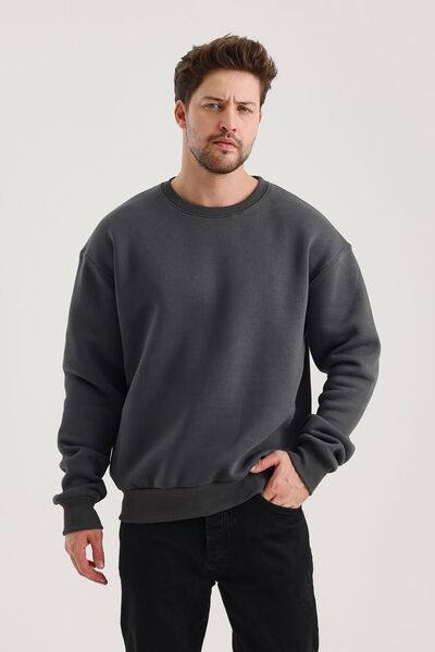 COMBİNE MİCHAİL Smoked Cotton Crew Neck Oversize Raster Basic Men's Sweatshirt
