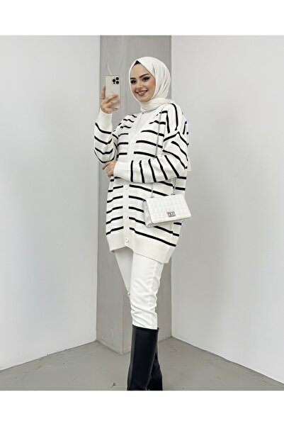 Modamorfo Striped Buttoned V-Neck Knitwear Cardigan -Ecru