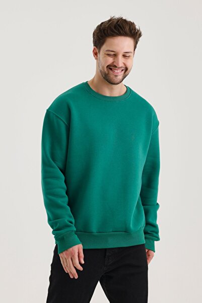 COMBİNE MİCHAİL Yeşil Pamuklu Bisiklet Yaka Oversize Şardonlu Basic Erkek Sweatshirt