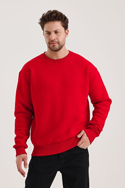 COMBİNE MİCHAİL Kırmızı Bisiklet Yaka Oversize Şardonlu Basic Erkek Sweatshirt