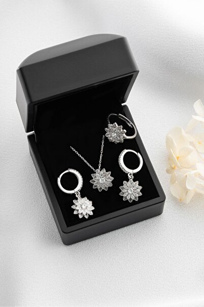 Silvano Jewelry 925 Ayar Gümüş Lotus Çiçeği Takı (Kolye-Küpe-Yüzük)Seti