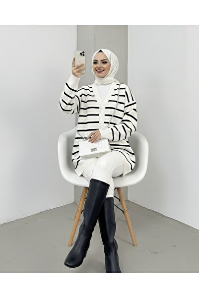 Modamorfo Striped Buttoned V-Neck Knitwear Cardigan -Ecru