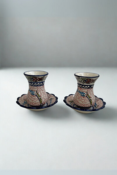 Home El Yapımı Seramik Kabartma Desenli 2'li Çay Bardağı Seti - Hediyelik - Karma Lale