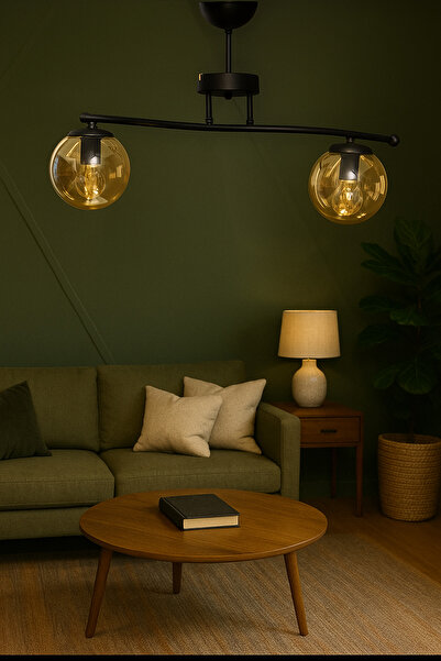 Luzarana Galaksi Modern Tasarım Siyah 2'li Bal Camlı Metal Gövde Avize | Salo...