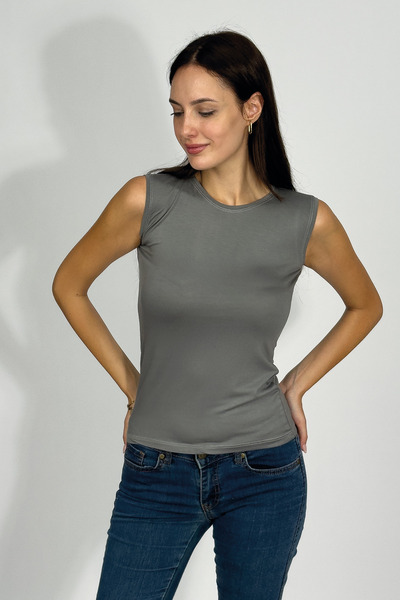 Betimoda Women's Zero Sleeve Crew Neck Bodysuit Smoked