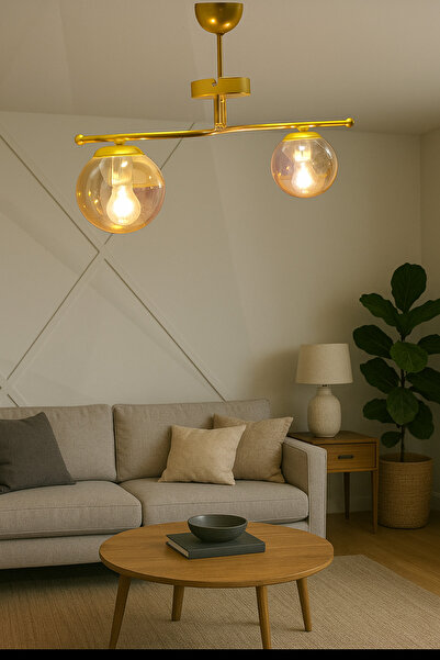 Luzarana Galaksi Modern Tasarım Sarı 2'li Bal Camlı Metal Gövde Avize | Salon...